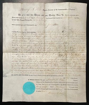 Land Grant General Henry Wise to Colonel Robert Johnsto. Virginia Land Grant issued and signed 