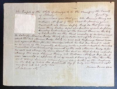 Pre-Civil War Legal Document - Criminal Summons directing the Sheriff of Albany County, New 