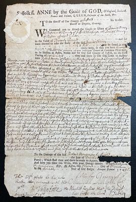 1705 Massachusetts Bay Colony Legal Document. A Massachusetts Bay Colony Legal Document - 