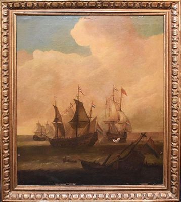 Marine Oil Painting After Robert Cleveley, Ships at Sea. Romantic Era English Marine Oil 