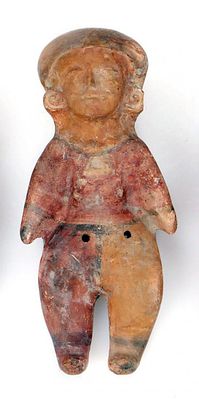 Large Pre-Columbian Polychrome Figural Pottery Whistle | In the form of a standing female 