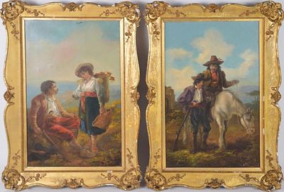 19th c. Pair of Figural Oil Paintings by John Barker. Antique 19th Century Pair of Figural Genre 