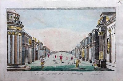 Engraving VUE OF JERUSALEM Louis-Joseph Mondhare. 18th c. Hand-colored Optical View Engraving 