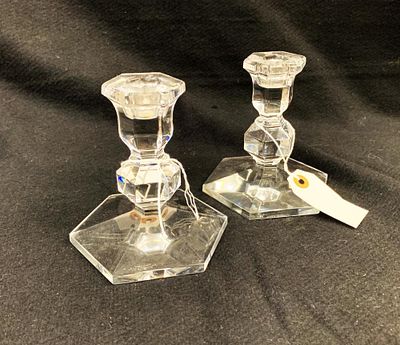 Pair of Signed Val St. Lambert Gardenia Crystal Candlestick Holders. Pair of Signed Val St. 