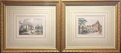 Pair of 19th c. H/C Engravings "Chateau de S. Assise" & "Chateau de Carrouges". Pair of 19th 