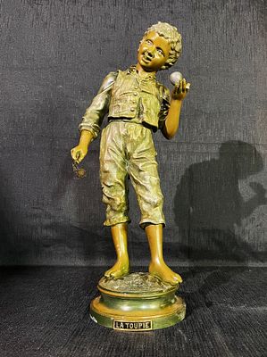 French Sculpture GARCON À LA TOUPIE after CharlesAnfrie. Antique French Sculpture Entitled