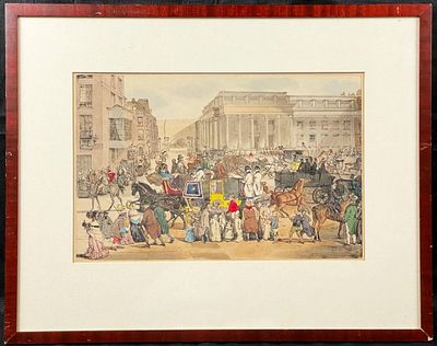 H/C Engraving by Eugène Lami, London Main Street at 5. Antique Hand-colored Engraving by