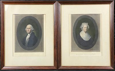 Engravings After Gilbert Stuart - Washington's. Pair of Antique Hand-colored Engravings After
