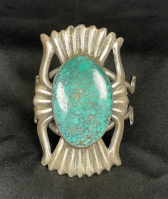 Sand Casted Sterling Silver Turquoise Cuff Bracelet. An original vintage sand-cast Navajo Old
