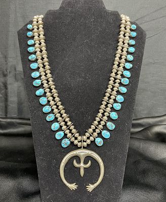 Squash Blossom Sterling Silver Turquoise Necklace. A Vintage Original Navajo Sterling Silver