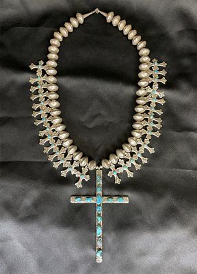 Navajo Sterling Silver Turquoise Necklace with Crosses. A Rare Vintage Original Native American