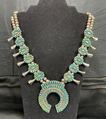 Navajo Squash Blossom Sterling Silver Turquoise Necklac. A Vintage Original Navajo Sterling