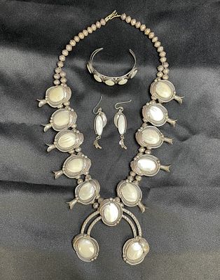 Sterling Silver Mother-of-Pearl Jewelry Set w/ Necklace. Squash Blossom Necklace with 10 ornate