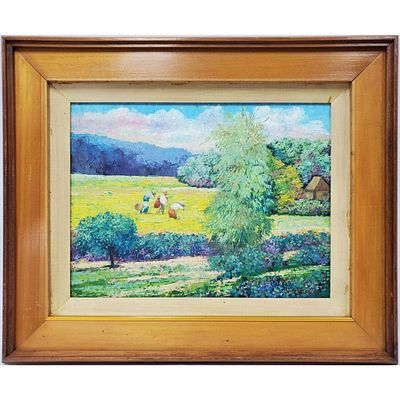 Figural Landscape Oil Painting by Cebu Artist Jun Trinidad "Planting Rice". Figural Landscape