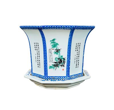Vintage Chinese Blue & White Ceramic Planter w/ Tray. Vintage Signed Chinese Blue & White