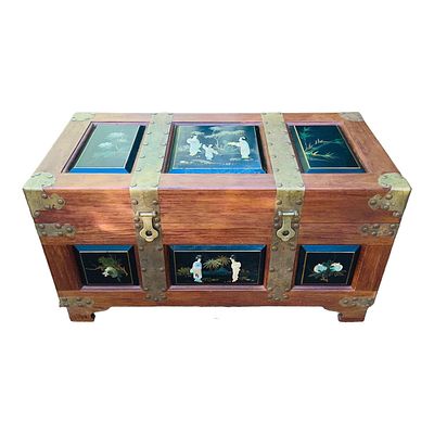 Chinese Hand Painted Wood & Brass Cedar Chest / Trunk. Very nice Chinese hand decorated hardwood