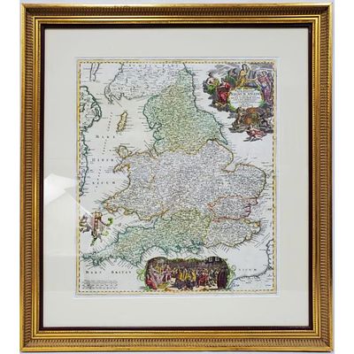 Antique Engraved Map of England & Wales, by Johann Baptist Homann, 1720. Antique 1720 Hand
