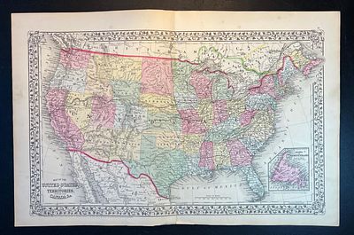 Antique Map of the United States and Territories by S. A. Mitchell, Jr. 1867. Large Antique