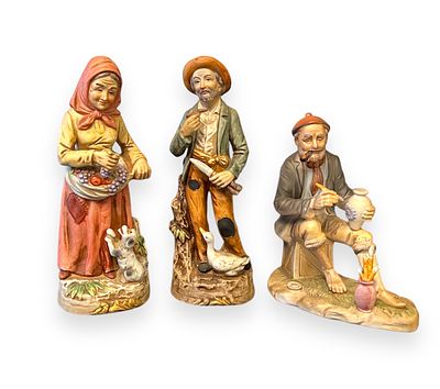 Lot of 3 Vintage Porcelain Figurines: Old Farmer Couple & Old Man Painting. Lot of 3 Vintage 