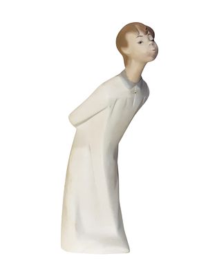 Vintage Lladro Boy Kissing # 4869 Unglazed Porcelain Figurine | Depicts little boy in pajama 
