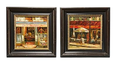 Pair of Genre Cafe Oil Paintings | Oil on Canvas | Each signed by the artist in red paint "B' 