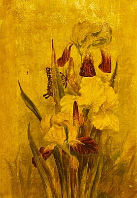 Antique Still Life Floral Oil Painting WILD IRISES (with Butterfly) | Housed in an antique 