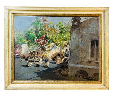 Courtyard Oil Painting by Mario Maresca CHICKENS IN COURTYARD | Oil on Board | Signed by the 