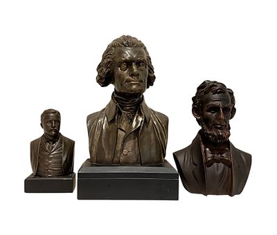 Lot of 3 Signed Limited Ed. Bust Sculptures of U.S. Presidents: Jefferson, Lincoln, T. Roosevelt. 