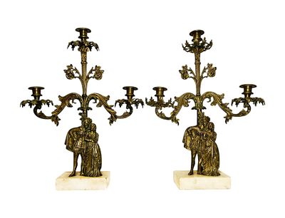 Pair of Antique Brass & Marble Candelabras. Pair of Antique Brass &amp; Marble Figural 