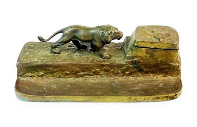 Antique Austrian Gilt Bronze Lion Inkwell. Antique Austrian Art Nouveau Gilt Bronze Lion 