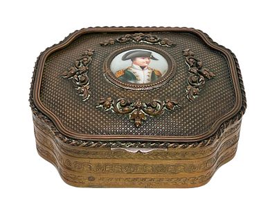 Napoleon Bonaparte Miniature Portrait Painting Gilt Dresser Box. French Gilt Dresser Box 