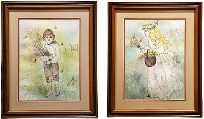 Companion Pair of Watercolor / Pen & Ink Portrait Paintings. Companion Pair of Watercolor / Pen 