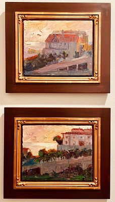 Jian Wang Pair of Landscape Oil Paintings. Rare Pair of landscape oil paintings by popular 
