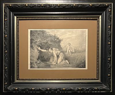 Antique Jean Ernest Aubert Engraving CUPID'S MIRROR. Large 19th Century Antique Folio Engraving 