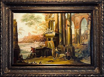 Capriccio Oil Painting, Imaginary Scene with Ruins and Figures, à la Marco Ricci. Italian 