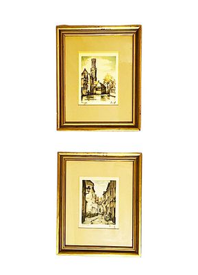 Pair of Hand-Colored Etchings by Roger Hebbelinck Bruxelles and Bruges. Pair of Hand-Colored 