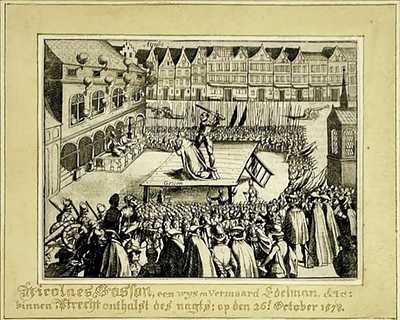 Rare 16th c. Dutch Woodcut Engraving BEHEADING OF NICOLAS GOSSON AT ATRECHT. Very Rare 16th c. 