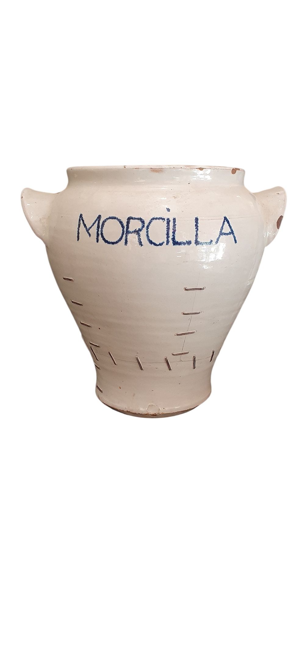 Orza S.XIX , . Cerámica de Fajalauza - Granada con dos asas, vidriada o esmaltada en blanco. (Inscripción "morcilla" en azul.) Siglo XIX - XX., lote 11