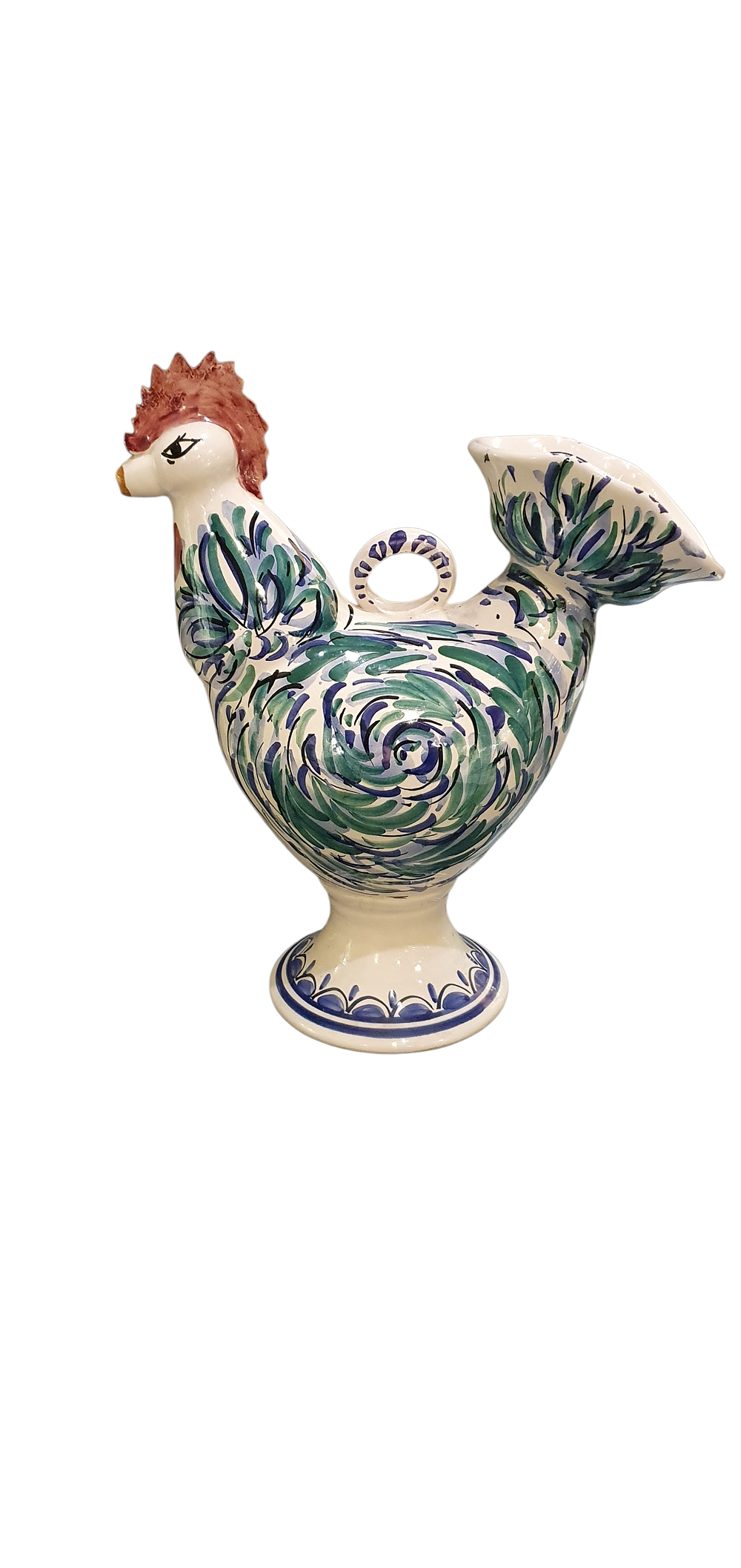 Botijo o búcaro , .  Forma de gallo de cerámica de Fajalauza - Granada vidriado o esmaltado en blanco, verde, azul, negro y rojo., lote 12