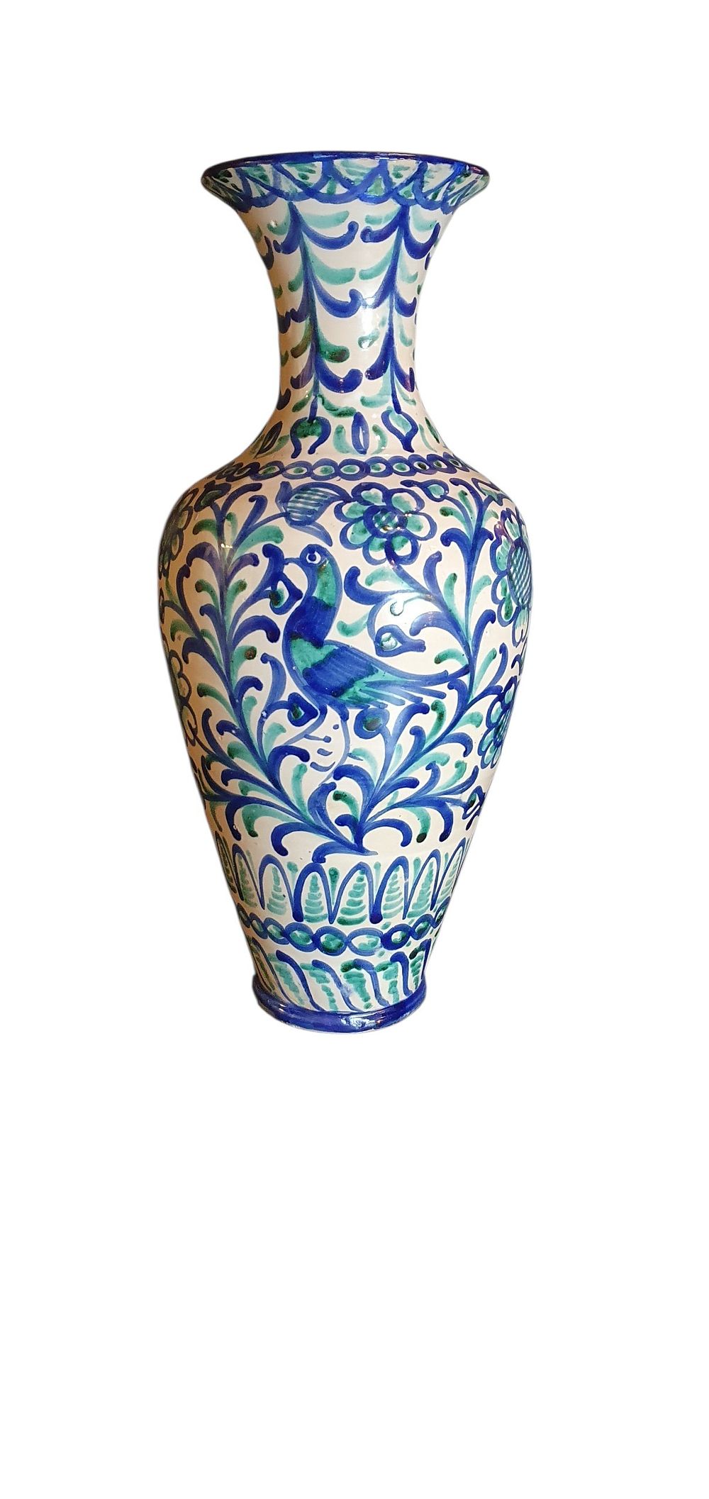 Ánfora, S. XX. Cerámica de Fajalauza - Granada, vidriada o esmaltada en blanco, verde y azul representando un pájaro frontal flanqueado por girasoles y ramas de granada…, lote 13