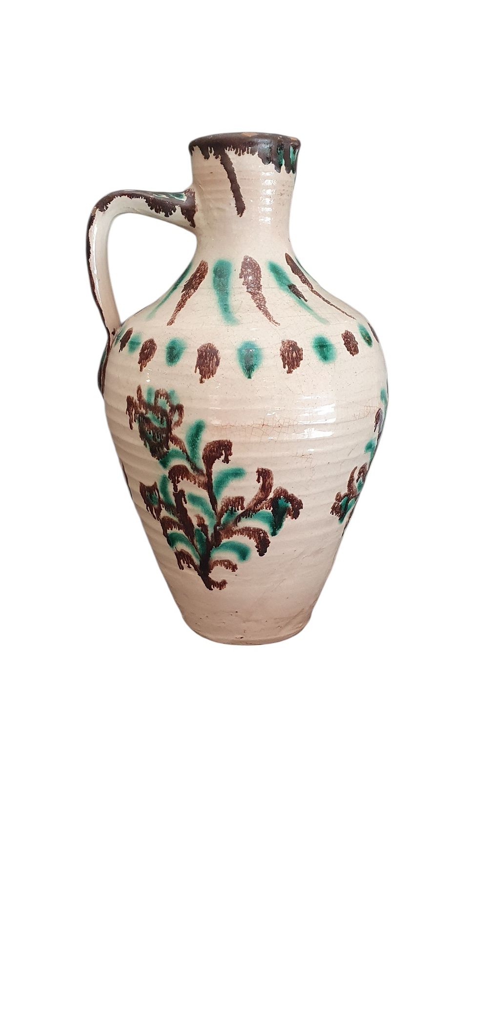 Cántaro, finales S. XIX. Cerámica de Fajalauza - Granada, vidriado o esmaltado en blanco, verde y marrón manganeso representando temas florales y un pájaro frontal., lote 17