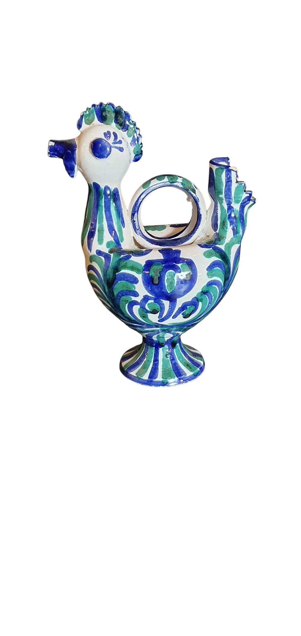Botijo o búcaro, años 30 - 40. Cerámica de Fajalauza - Granada con forma de gallina, vidriado o esmaltado en blanco, verde y azul., lote 21