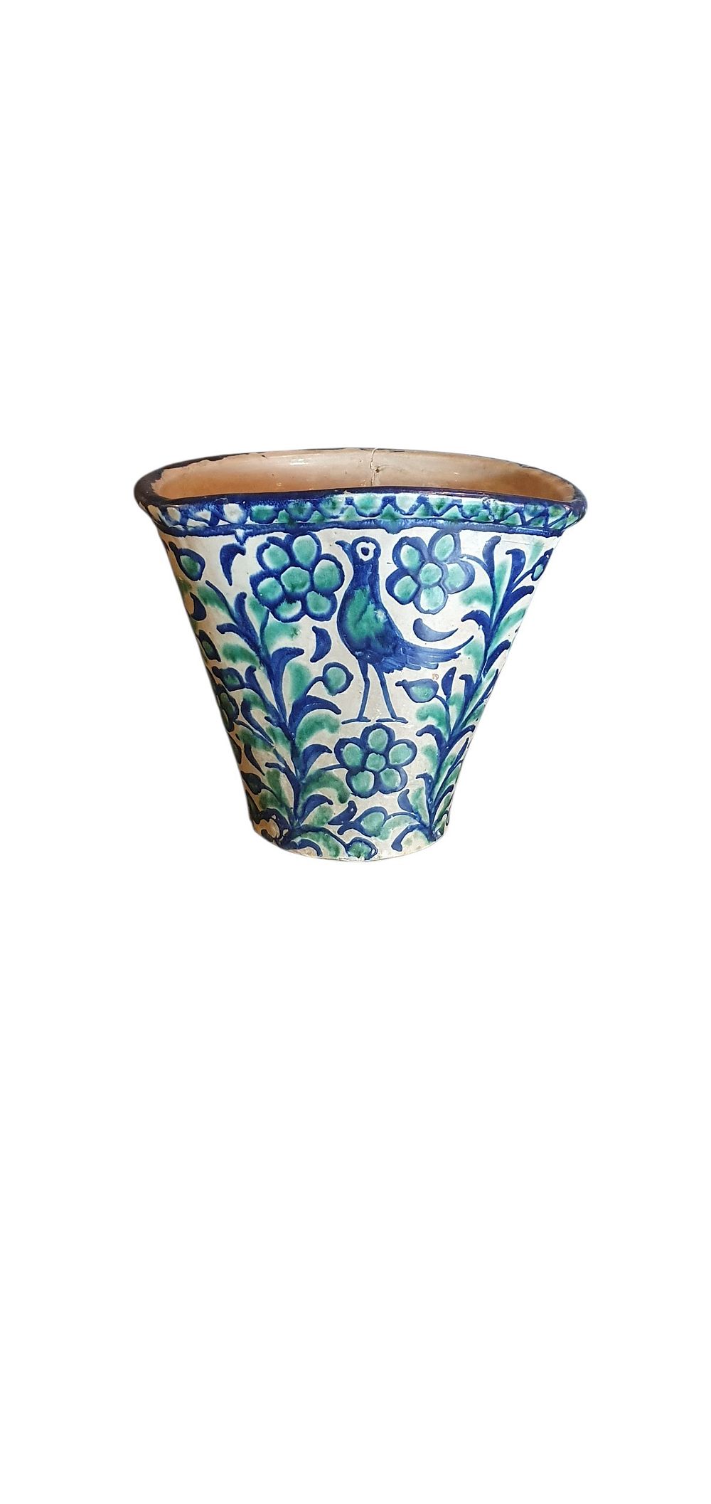 Macetero, S. XIX - XX. Cerámica de Fajalauza - Granada, vidriada o esmaltada en blanco y azul representando un pájaro frontal con una granada en la parte trasera. (Con pelo.), lote 35