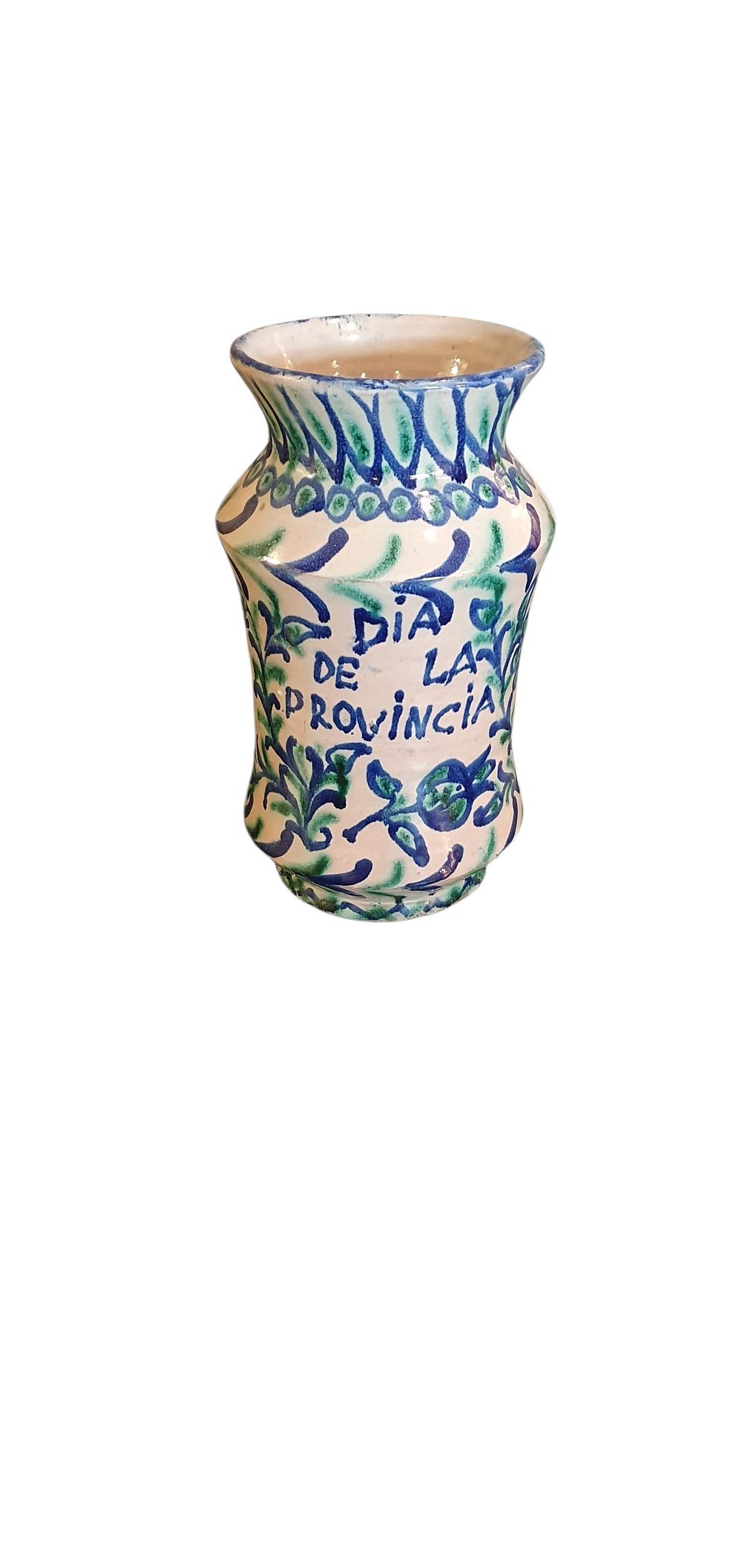 Bote, años 30. Cerámica de Fajalauza - Granada, vidriada o esmaltada en blanco, azul y verde representando una granada bajo las palabras "día de la provincia" en la parte frontal…, lote 40