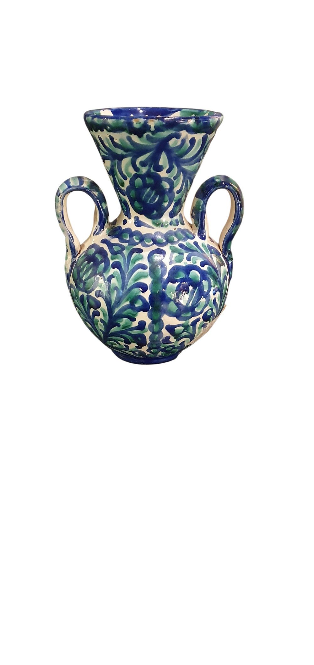 Jarro,  años 50. Cerámica de Fajalauza - Granada con dos asas, vidriado o esmaltado en blanco, verde y azul con motivos florales., lote 83