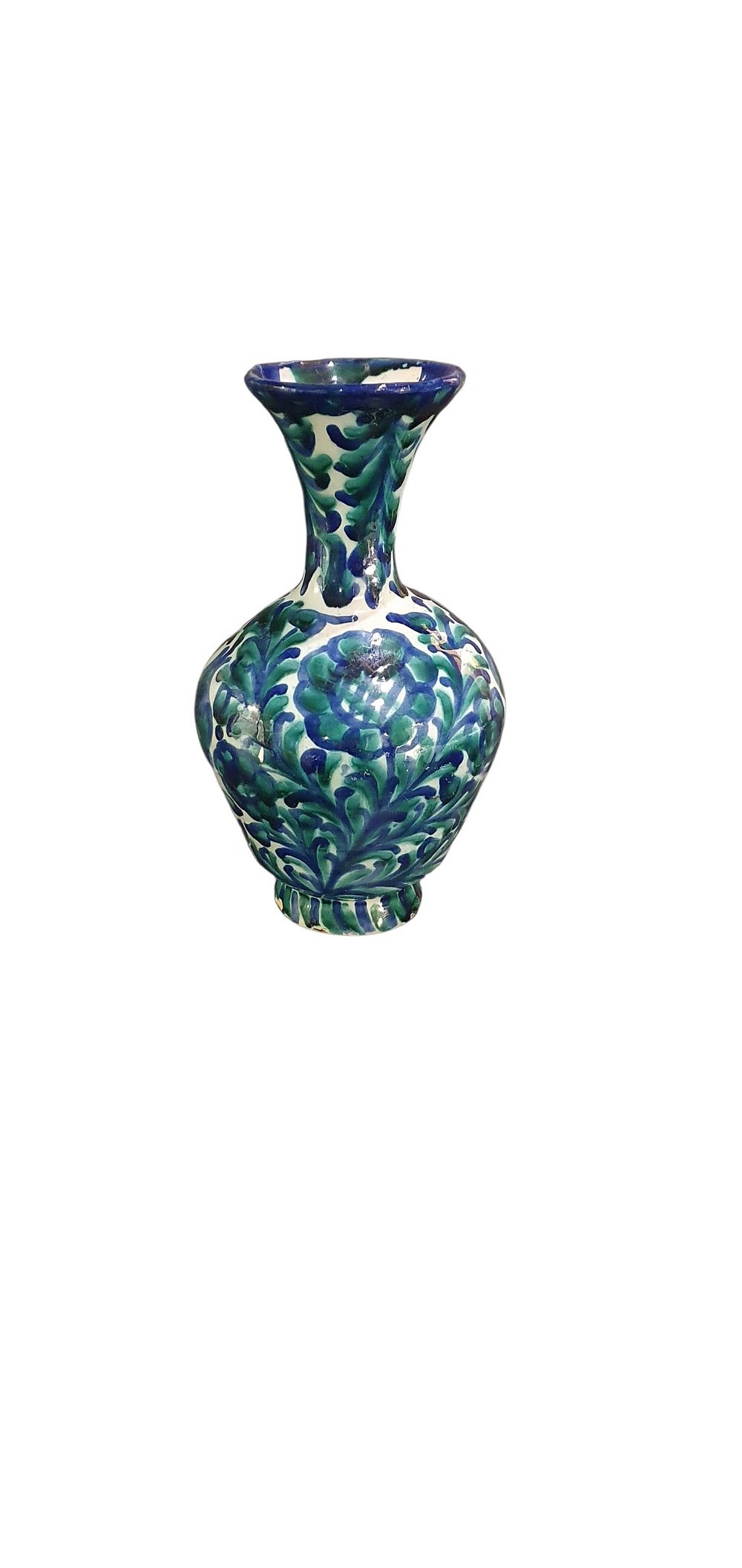 Jarro, años 50. Cerámica de Fajalauza - Granada, vidriado o esmaltado en blanco, verde y azul con motivos florales., lote 84