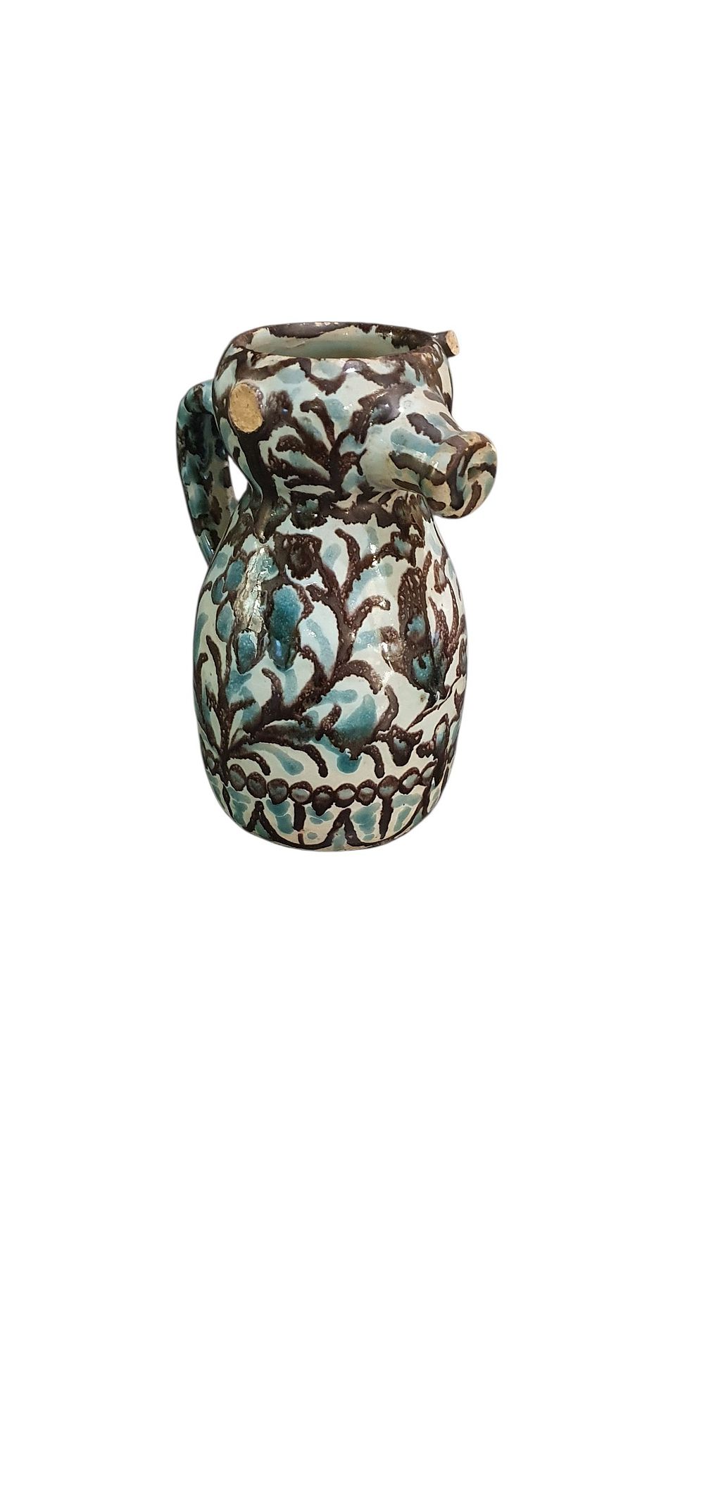 Jarra chocolatera, años 50. Cerámica de Fajalauza - Granada, vidriado o esmaltado en gris plomo, verde…, lote 91