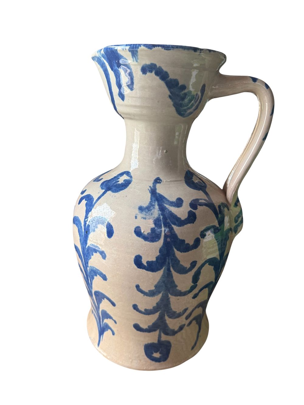Jarra o alcuza , . Cerámica vidriada o  esmaltada en blanco y azul , años 50 con sello de la cerámica árabe de San Isidro ., lote 110