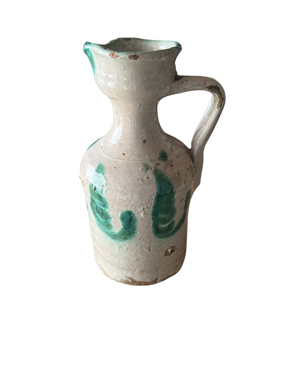 Alcuza o jarra S.XVIII - XIX . Cerámica vidriada o esmaltada en blanco impuro y verde ..Fajalauza  - Granada., lote 119