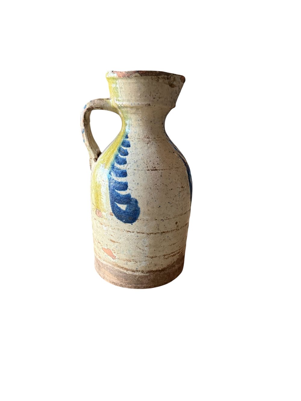 Jarra boca de vinagre  S.XVII - XVIII . Cerámica vidriada o esmaltada en blanco impuro , amarillo , azul.Fajalauza  - Granada., lote 121